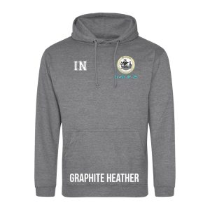 Frontal view of the COLOUR colour Rye College leavers' hoodie for 2025. Rye College's emblem is printed to the left breast with text below it: "CLASS OF 25". Example initials "IN" are printed to the right breast.