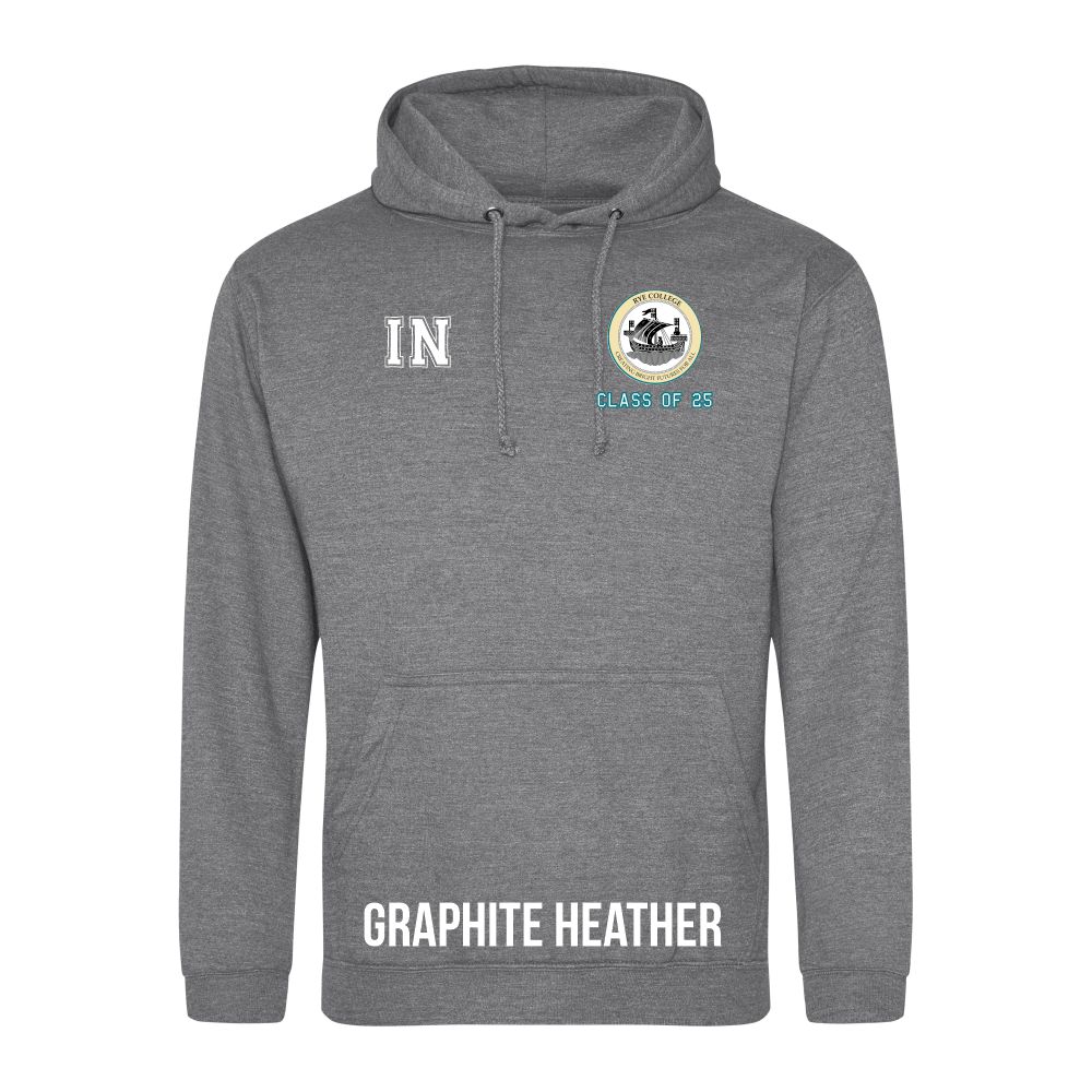 Frontal view of the COLOUR colour Rye College leavers' hoodie for 2025. Rye College's emblem is printed to the left breast with text below it: "CLASS OF 25". Example initials "IN" are printed to the right breast.