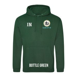 Frontal view of the COLOUR colour Rye College leavers' hoodie for 2025. Rye College's emblem is printed to the left breast with text below it: "CLASS OF 25". Example initials "IN" are printed to the right breast.