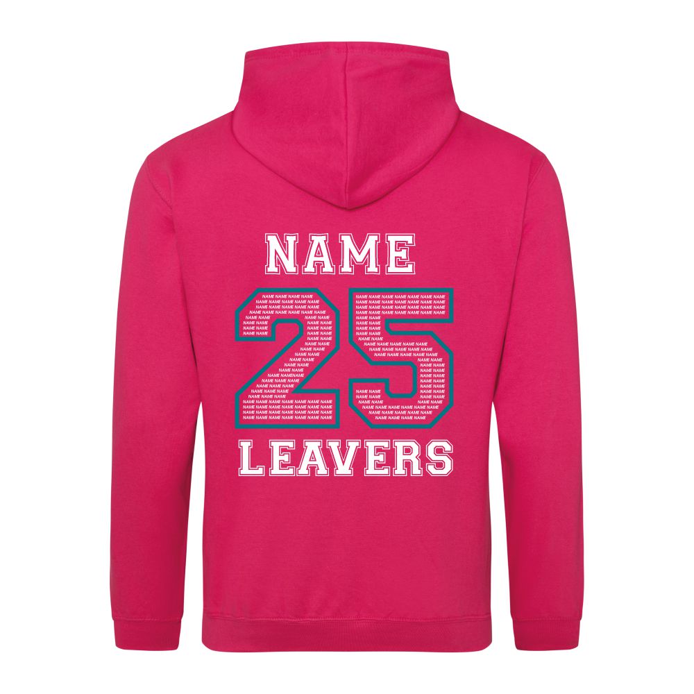 Rear view of the COLOUR colour Rye College leavers' hoodie for 2025. The back is printed with "NAME 25 LEAVERS" split across three lines. the 25 is a large outline with the example text "NAME" repeated to fill it.