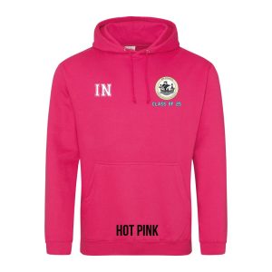 Frontal view of the COLOUR colour Rye College leavers' hoodie for 2025. Rye College's emblem is printed to the left breast with text below it: "CLASS OF 25". Example initials "IN" are printed to the right breast.