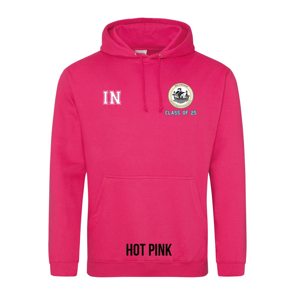 Frontal view of the COLOUR colour Rye College leavers' hoodie for 2025. Rye College's emblem is printed to the left breast with text below it: "CLASS OF 25". Example initials "IN" are printed to the right breast.