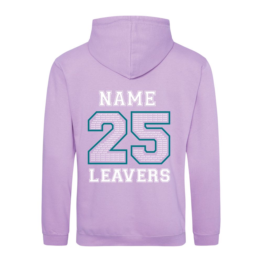 Rear view of the COLOUR colour Rye College leavers' hoodie for 2025. The back is printed with "NAME 25 LEAVERS" split across three lines. the 25 is a large outline with the example text "NAME" repeated to fill it.