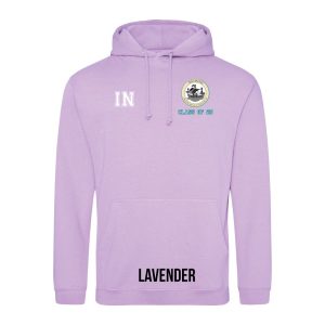 Frontal view of the COLOUR colour Rye College leavers' hoodie for 2025. Rye College's emblem is printed to the left breast with text below it: "CLASS OF 25". Example initials "IN" are printed to the right breast.