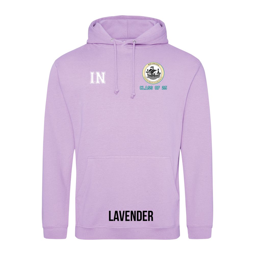 Frontal view of the COLOUR colour Rye College leavers' hoodie for 2025. Rye College's emblem is printed to the left breast with text below it: "CLASS OF 25". Example initials "IN" are printed to the right breast.