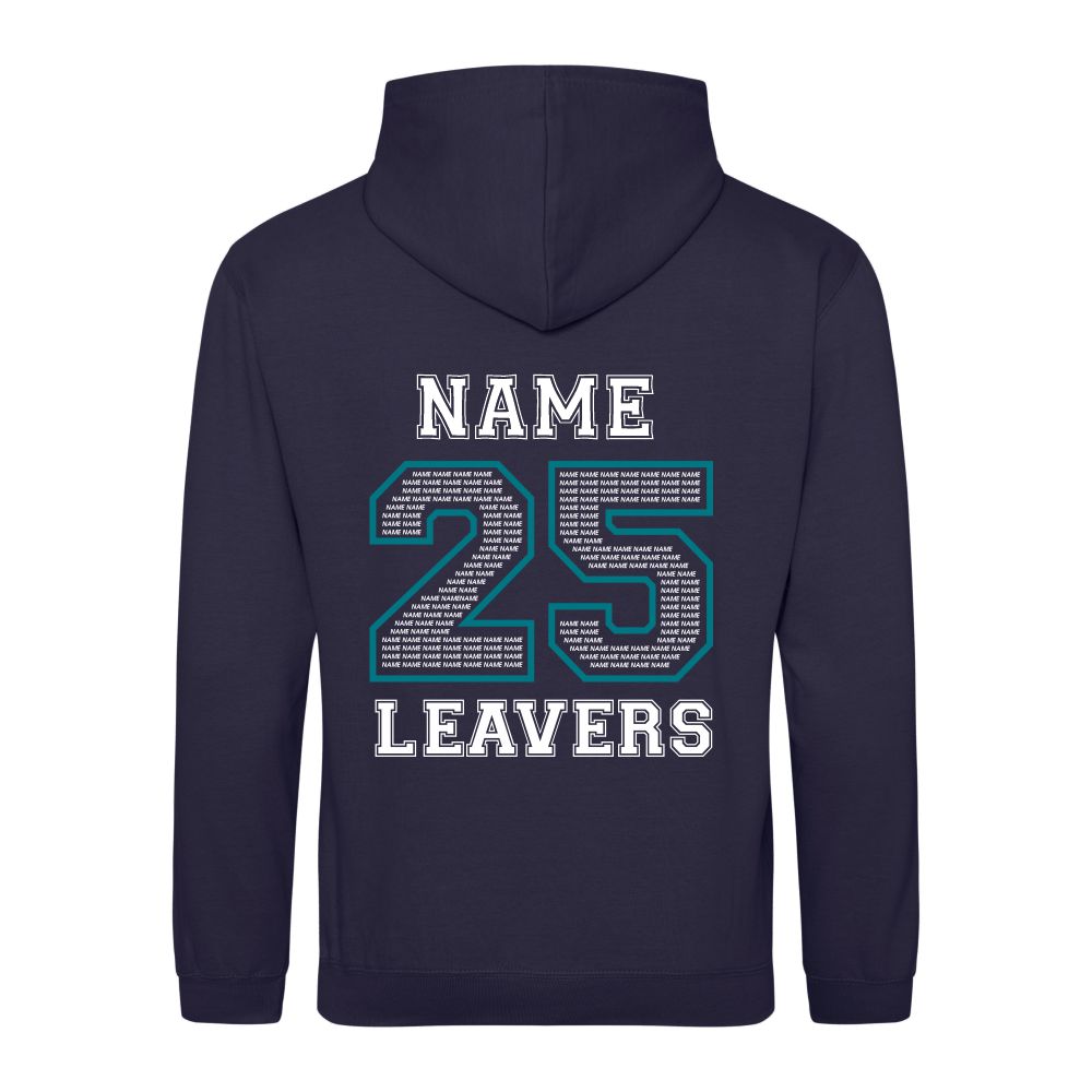 Rear view of the COLOUR colour Rye College leavers' hoodie for 2025. The back is printed with "NAME 25 LEAVERS" split across three lines. the 25 is a large outline with the example text "NAME" repeated to fill it.