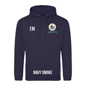 Frontal view of the COLOUR colour Rye College leavers' hoodie for 2025. Rye College's emblem is printed to the left breast with text below it: "CLASS OF 25". Example initials "IN" are printed to the right breast.