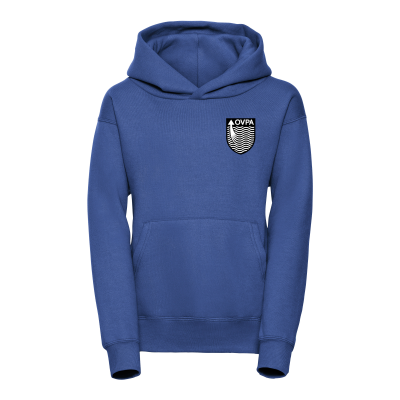 Frontal view of the OVPA royal blue PE hoodie with the school's emblem ebroidered on the left breast.