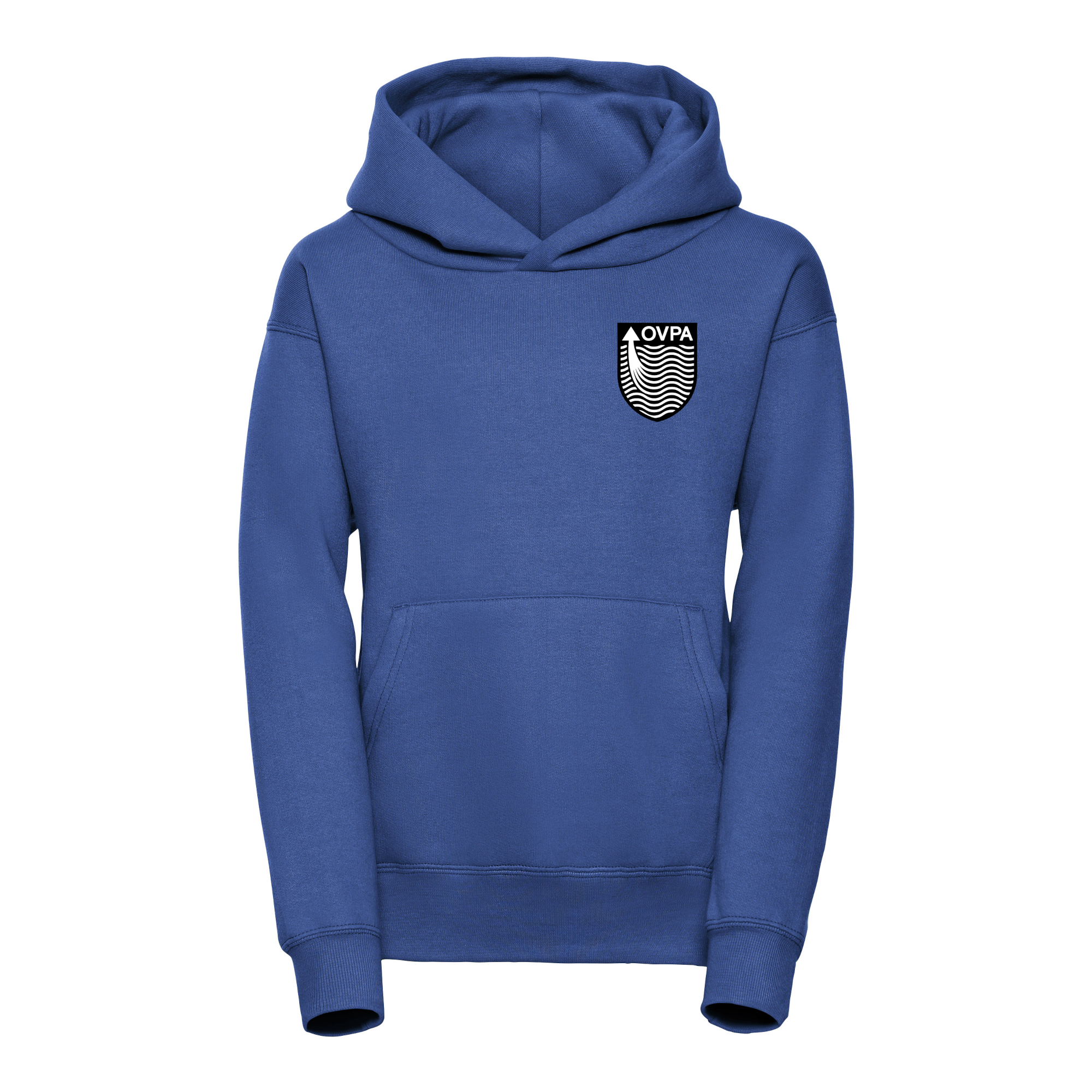 Frontal view of the OVPA royal blue PE hoodie with the school's emblem ebroidered on the left breast.