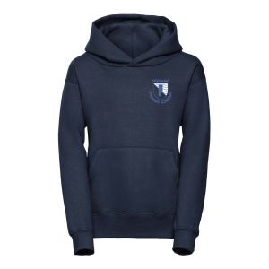 Frontal view of the Pebsham navy blue PE hoodie with the school's emblem ebroidered on the left breast.