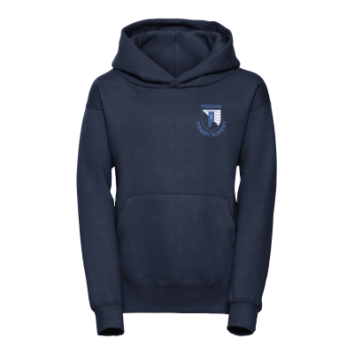 Frontal view of the Pebsham navy blue PE hoodie with the school's emblem ebroidered on the left breast.