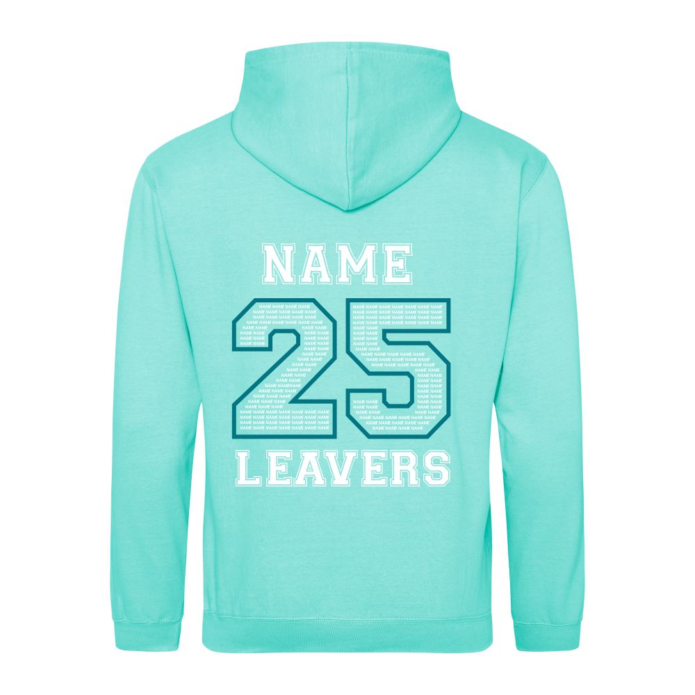 Rear view of the COLOUR colour Rye College leavers' hoodie for 2025. The back is printed with "NAME 25 LEAVERS" split across three lines. the 25 is a large outline with the example text "NAME" repeated to fill it.