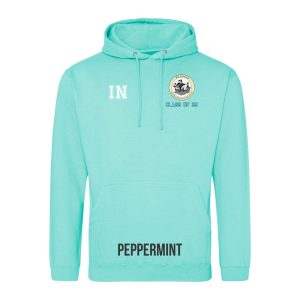 Frontal view of the COLOUR colour Rye College leavers' hoodie for 2025. Rye College's emblem is printed to the left breast with text below it: "CLASS OF 25". Example initials "IN" are printed to the right breast.