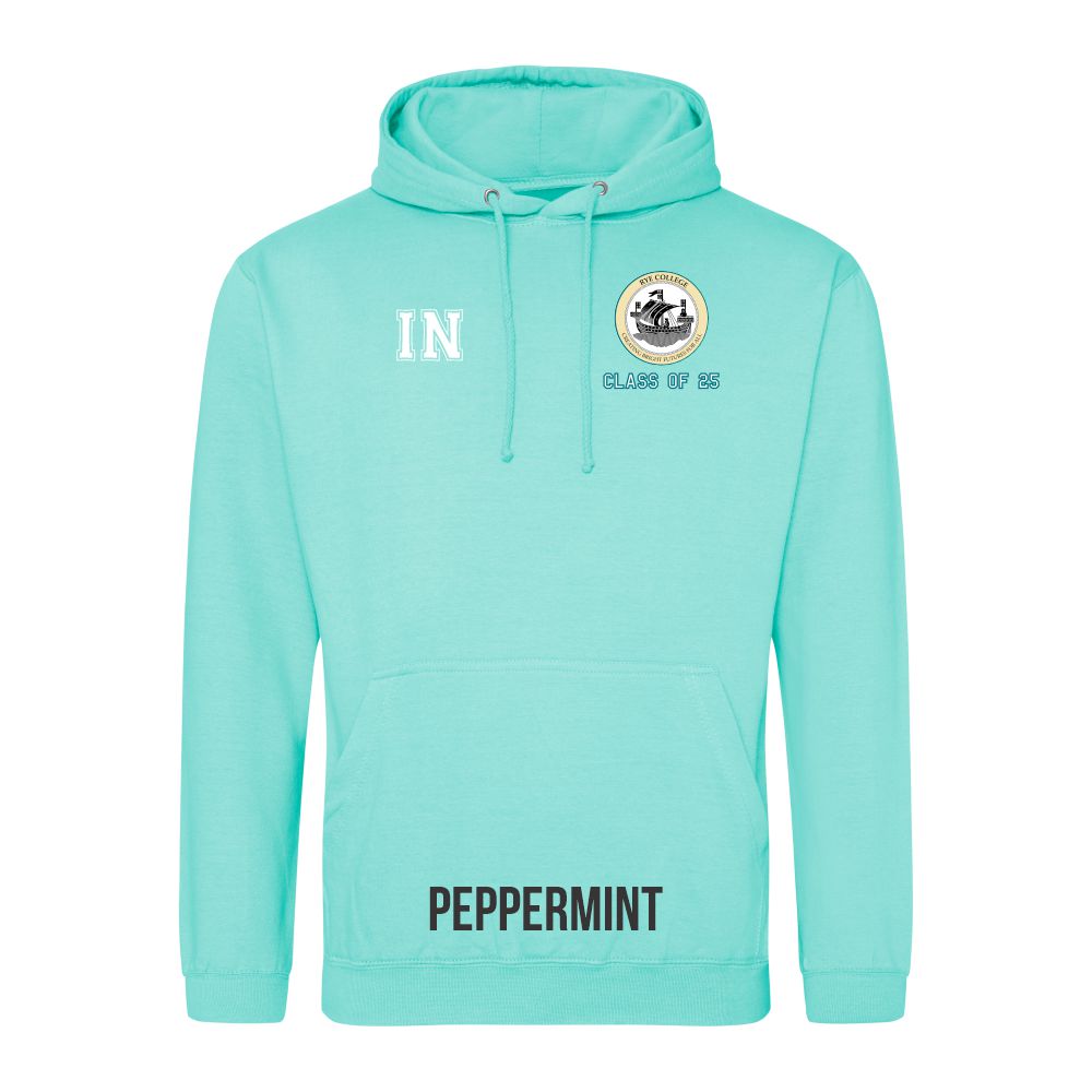 Frontal view of the COLOUR colour Rye College leavers' hoodie for 2025. Rye College's emblem is printed to the left breast with text below it: "CLASS OF 25". Example initials "IN" are printed to the right breast.