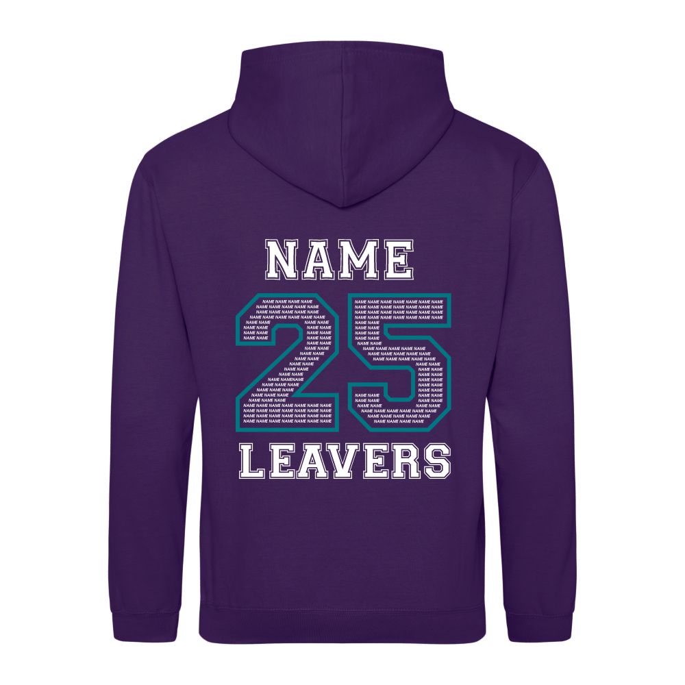 Rear view of the COLOUR colour Rye College leavers' hoodie for 2025. The back is printed with "NAME 25 LEAVERS" split across three lines. the 25 is a large outline with the example text "NAME" repeated to fill it.