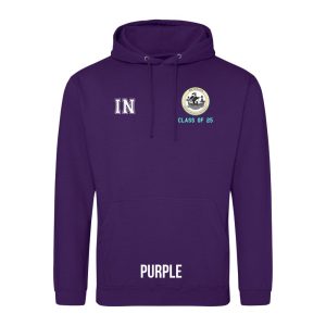 Frontal view of the COLOUR colour Rye College leavers' hoodie for 2025. Rye College's emblem is printed to the left breast with text below it: "CLASS OF 25". Example initials "IN" are printed to the right breast.
