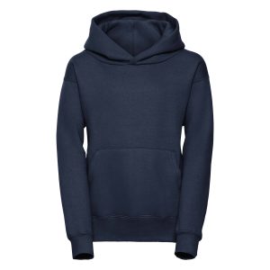 Frontal view of a plain navy blue kids' hoodie with a kangaroo pocket on the front.