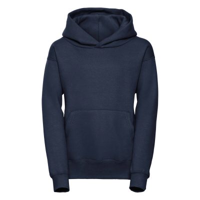 Frontal view of a plain navy blue kids' hoodie with a kangaroo pocket on the front.
