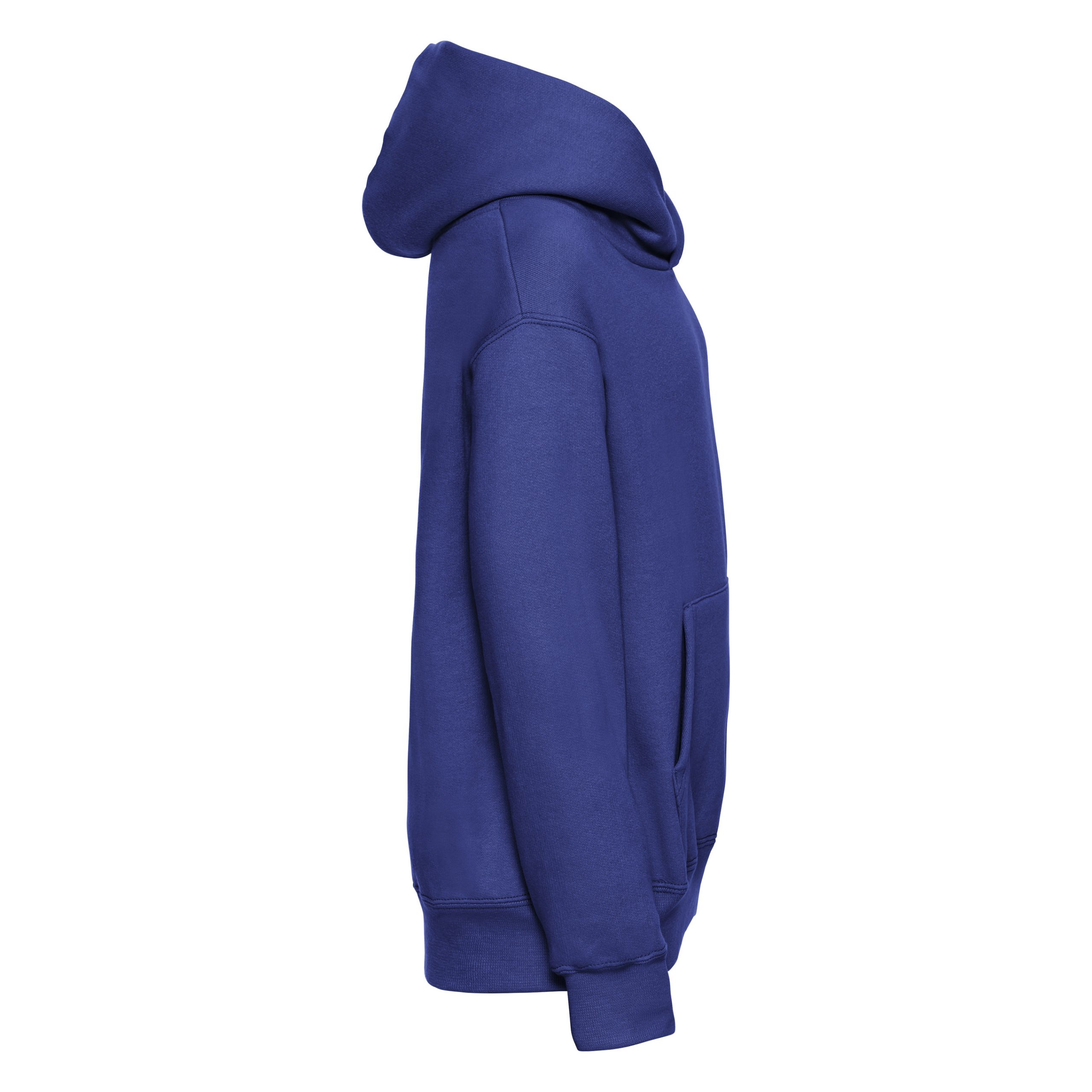 Side view of a royal blue hoodie.