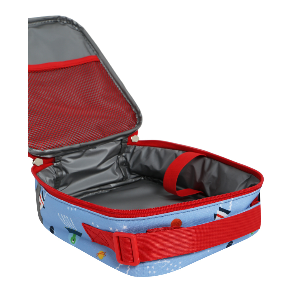 An open kids lunch bag with the "Space" design. On the inside of the lunch bag's front panel, a mesh pocket can be seen. Within the main compartment, a water bottle strap can be seen.