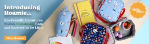 Assorted pencil cases, bags, and bottles with text to the left: "Introducing Roamie... Eco-Friendly Adventures: Stylish, Sustainable Bags and Accessories for Little"