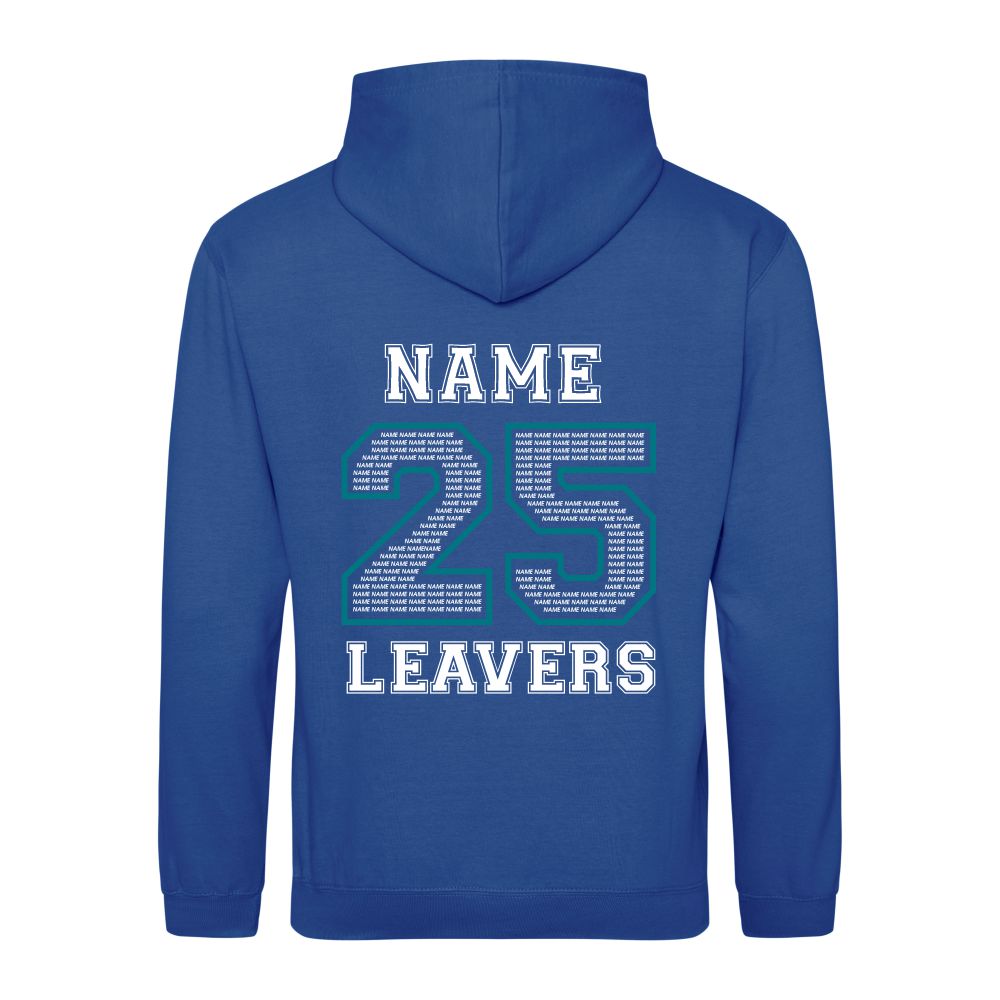 Rear view of the COLOUR colour Rye College leavers' hoodie for 2025. The back is printed with "NAME 25 LEAVERS" split across three lines. the 25 is a large outline with the example text "NAME" repeated to fill it.