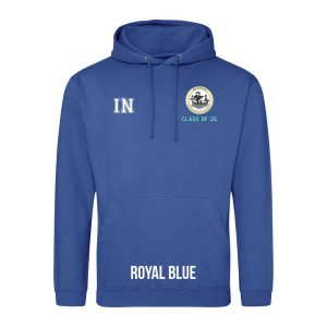 Frontal view of the COLOUR colour Rye College leavers' hoodie for 2025. Rye College's emblem is printed to the left breast with text below it: "CLASS OF 25". Example initials "IN" are printed to the right breast.