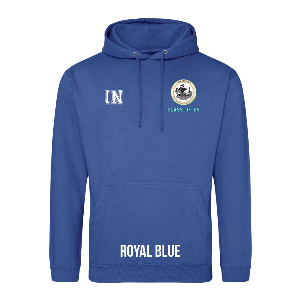 Frontal view of the COLOUR colour Rye College leavers' hoodie for 2025. Rye College's emblem is printed to the left breast with text below it: "CLASS OF 25". Example initials "IN" are printed to the right breast.