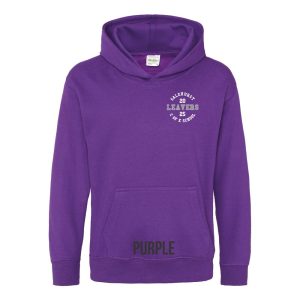Frontal view of the purple colour Salehurst Primary School leavers hoodie for 2025. The left breast is printed with "Salehurst C of E School" shaped as a circle. within the circle is the year 2025 split over two lines with the word "leavers" through the middle.