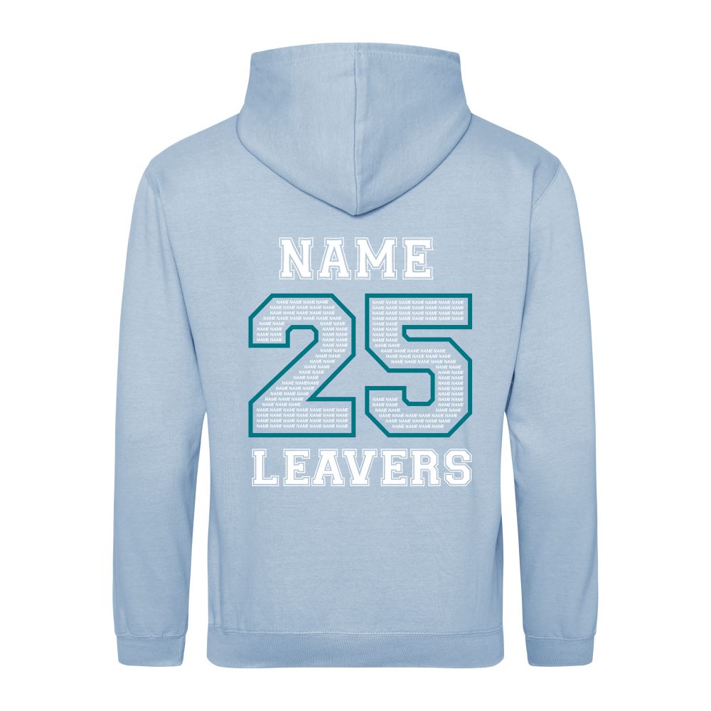 Rear view of the COLOUR colour Rye College leavers' hoodie for 2025. The back is printed with "NAME 25 LEAVERS" split across three lines. the 25 is a large outline with the example text "NAME" repeated to fill it.