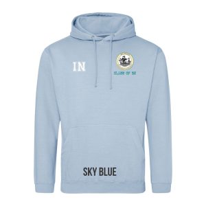 Frontal view of the COLOUR colour Rye College leavers' hoodie for 2025. Rye College's emblem is printed to the left breast with text below it: "CLASS OF 25". Example initials "IN" are printed to the right breast.
