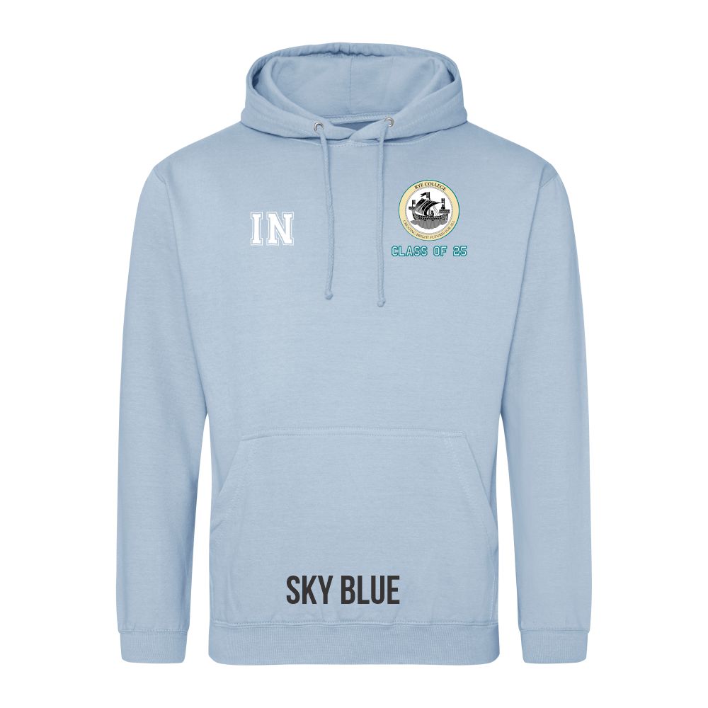 Frontal view of the COLOUR colour Rye College leavers' hoodie for 2025. Rye College's emblem is printed to the left breast with text below it: "CLASS OF 25". Example initials "IN" are printed to the right breast.