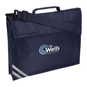 Frontal view of The Well Free School navy book bag.