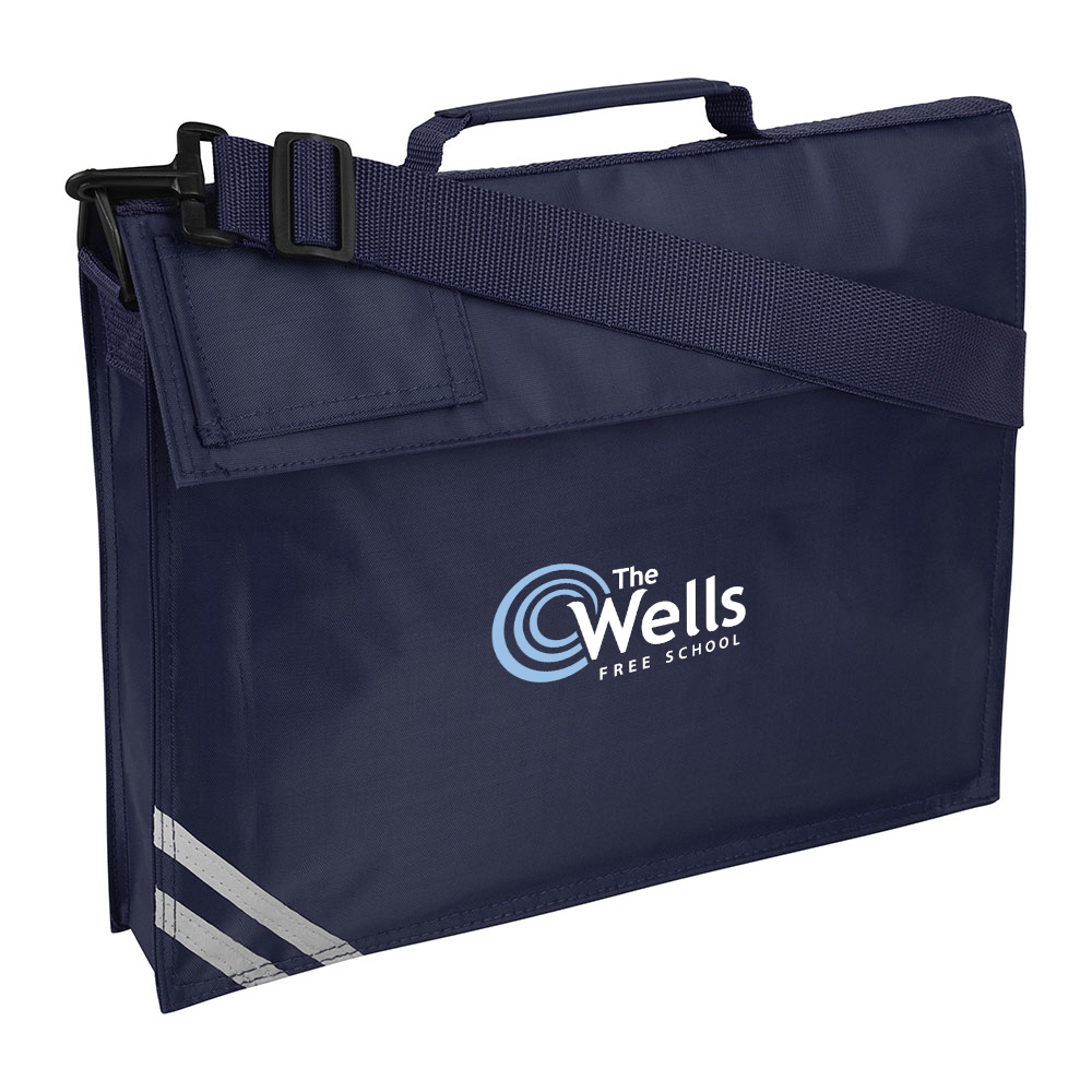 Frontal view of The Well Free School navy book bag.