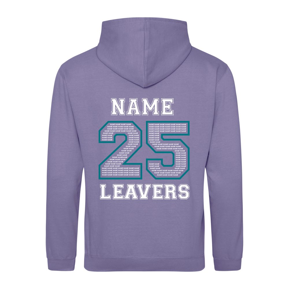 Rear view of the COLOUR colour Rye College leavers' hoodie for 2025. The back is printed with "NAME 25 LEAVERS" split across three lines. the 25 is a large outline with the example text "NAME" repeated to fill it.