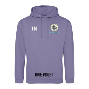 Frontal view of the COLOUR colour Rye College leavers' hoodie for 2025. Rye College's emblem is printed to the left breast with text below it: "CLASS OF 25". Example initials "IN" are printed to the right breast.
