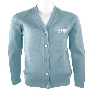 Frontal view of a sky blue cardigan with The Wells Free School's logo embroidered on the left breast.