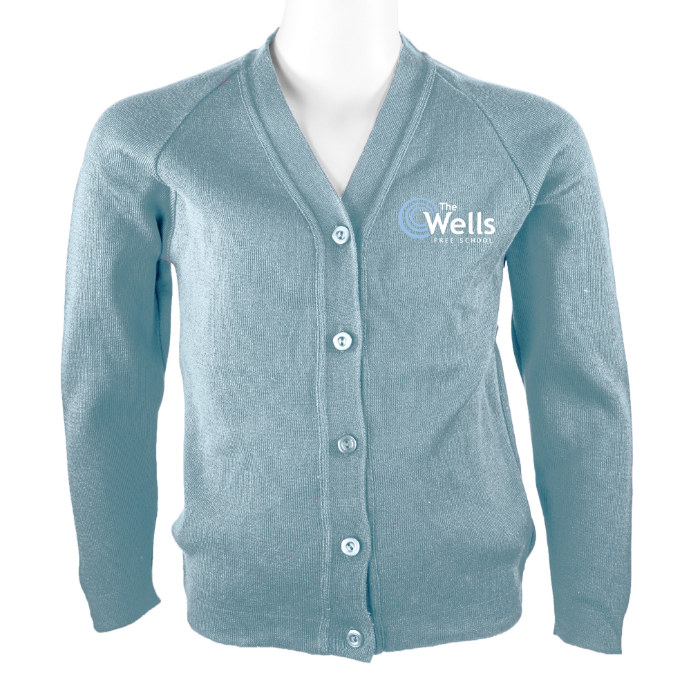 Frontal view of a sky blue cardigan with The Wells Free School's logo embroidered on the left breast.