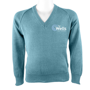 Frontal view of a sky blue jumper with The Wells Free School's logo embroidered on the left breast.