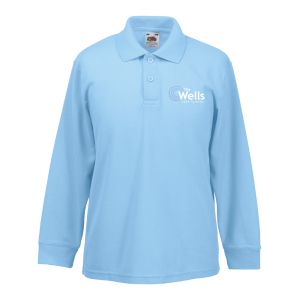 Frontal view of a sky blue long-sleeve polo shirt with The Wells Free School logo embroidered on the left breast.