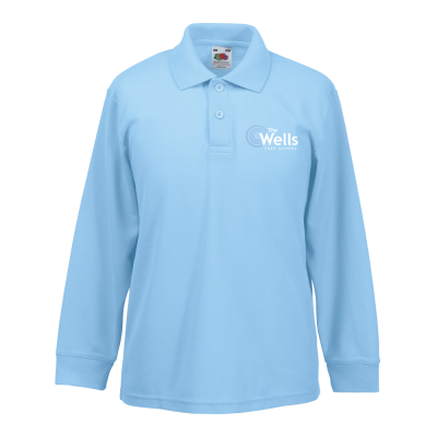 Frontal view of a sky blue long-sleeve polo shirt with The Wells Free School logo embroidered on the left breast.