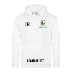 Frontal view of the COLOUR colour Rye College leavers' hoodie for 2025. Rye College's emblem is printed to the left breast with text below it: "CLASS OF 25". Example initials "IN" are printed to the right breast.
