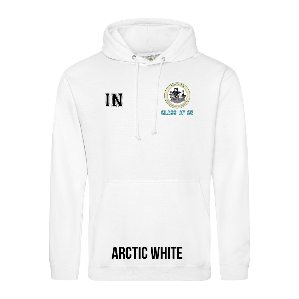 Frontal view of the COLOUR colour Rye College leavers' hoodie for 2025. Rye College's emblem is printed to the left breast with text below it: "CLASS OF 25". Example initials "IN" are printed to the right breast.