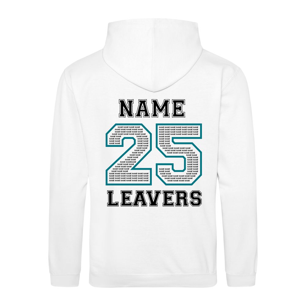 Rear view of the COLOUR colour Rye College leavers' hoodie for 2025. The back is printed with "NAME 25 LEAVERS" split across three lines. the 25 is a large outline with the example text "NAME" repeated to fill it.
