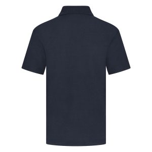 Rear view of a navy polo shirt.
