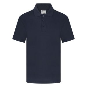 Frontal view of a navy polo shirt.