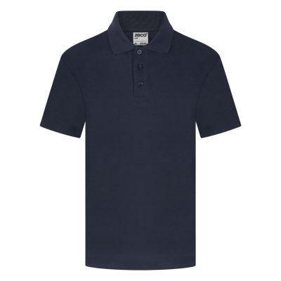 Frontal view of a navy polo shirt.