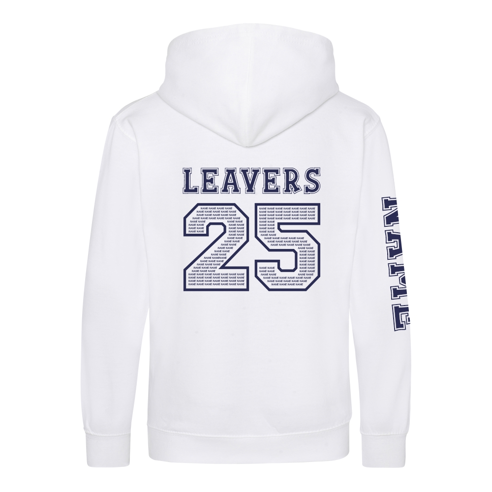 Rear view of the arctic white colour 2025 leavers hoodie for Ninfield Primary School.