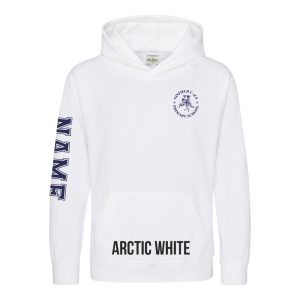 Frontal view of the arctic white colour 2025 leavers hoodie for Ninfield Primary School.