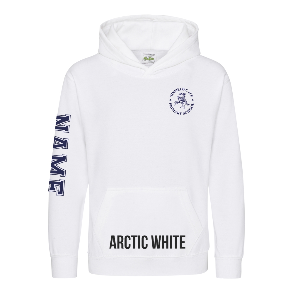 Frontal view of the arctic white colour 2025 leavers hoodie for Ninfield Primary School.
